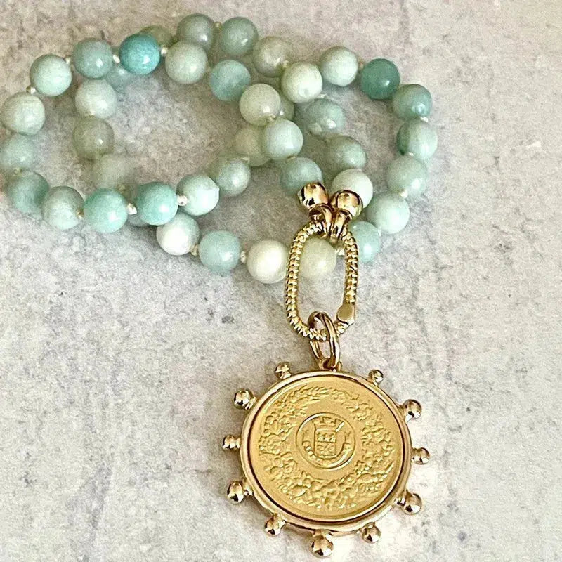 Amazonite Bead Necklace-Hand Knotted-Gold Carabiner Clasp-French Horticole De Dison-Medal-Coin Pendant- Spiked Bezel Coin-Gift For Her