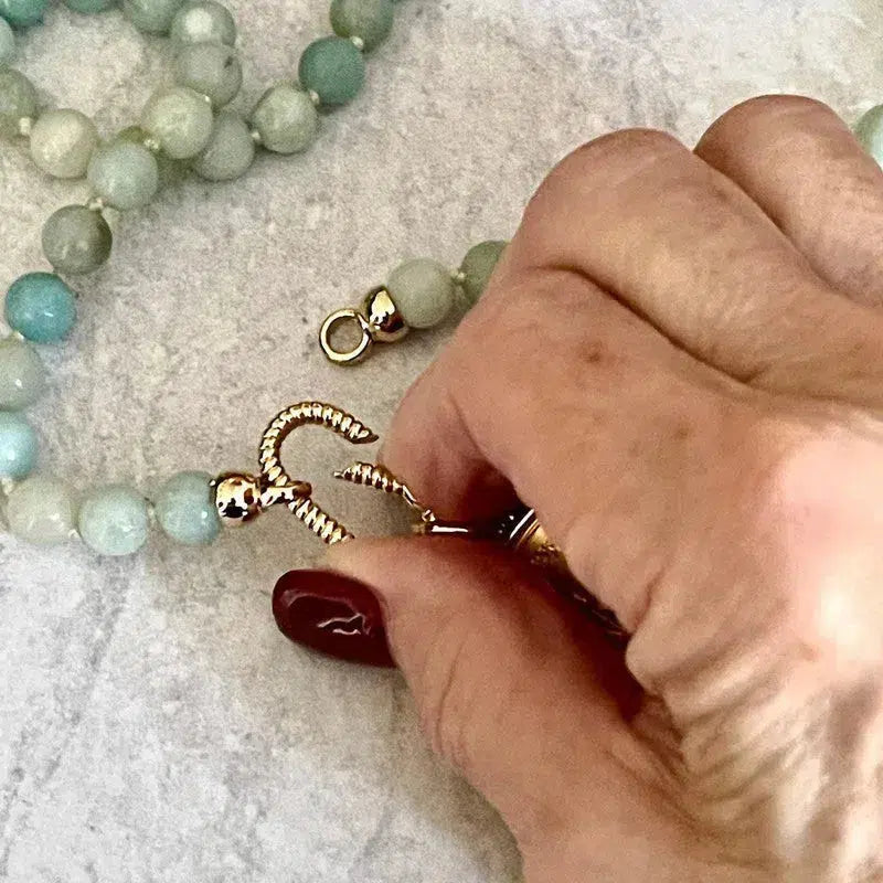 Amazonite Bead Necklace-Hand Knotted-Gold Carabiner Clasp-French Horticole De Dison-Medal-Coin Pendant- Spiked Bezel Coin-Gift For Her