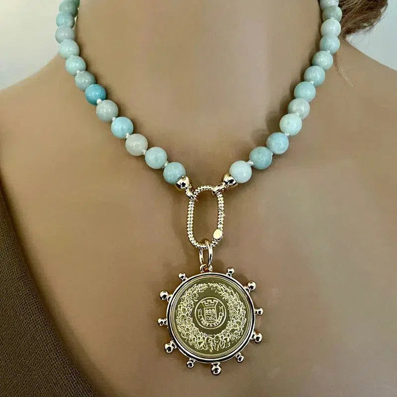 Amazonite Bead Necklace-Hand Knotted-Gold Carabiner Clasp-French Horticole De Dison-Medal-Coin Pendant- Spiked Bezel Coin-Gift For Her