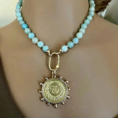 Amazonite Bead Necklace-Hand Knotted-Gold Carabiner Clasp-French Horticole De Dison-Medal-Coin Pendant- Spiked Bezel Coin-Gift For Her