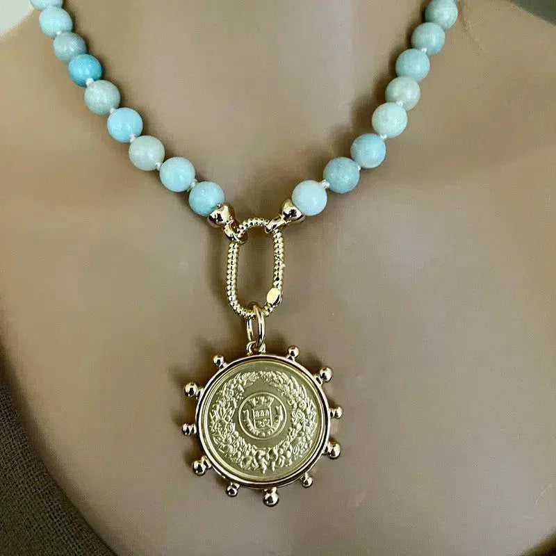 Amazonite Bead Necklace-Hand Knotted-Gold Carabiner Clasp-French Horticole De Dison-Medal-Coin Pendant- Spiked Bezel Coin-Gift For Her