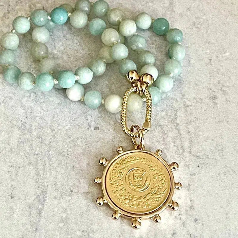 Amazonite Bead Necklace-Hand Knotted-Gold Carabiner Clasp-French Horticole De Dison-Medal-Coin Pendant- Spiked Bezel Coin-Gift For Her