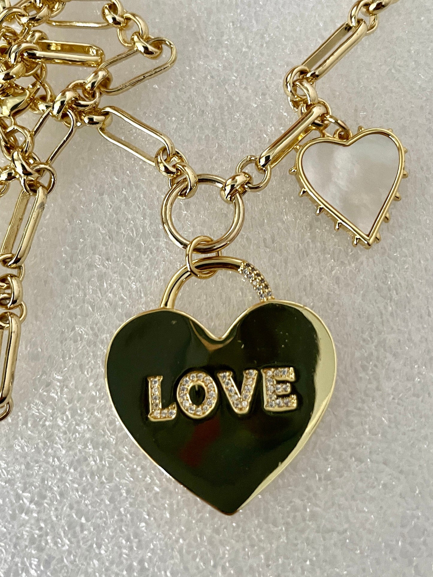 Gold Multi Link Chain Necklace- Heart Lock- "Love" CZ Pendant-Mother of Pearl-Spiked Heart Charm-Lobster Clasp-Gift for Her!