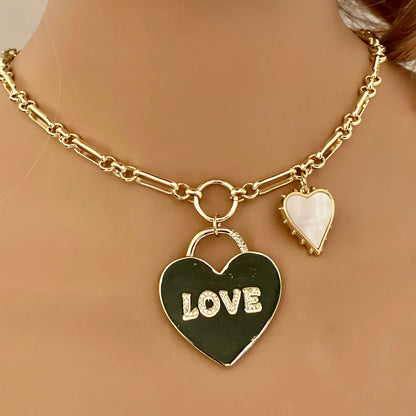 Gold Multi Link Chain Necklace- Heart Lock- "Love" CZ Pendant-Mother of Pearl-Spiked Heart Charm-Lobster Clasp-Gift for Her!