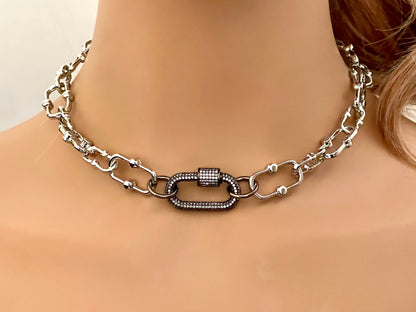 Silver Carabiner Necklace-Chunky Silver Cable Chain-Gunmetal Cubic Zirconia Clasp-Micro Pave Carabiner Clasp-Screw Lock Clasp-Gift For Her