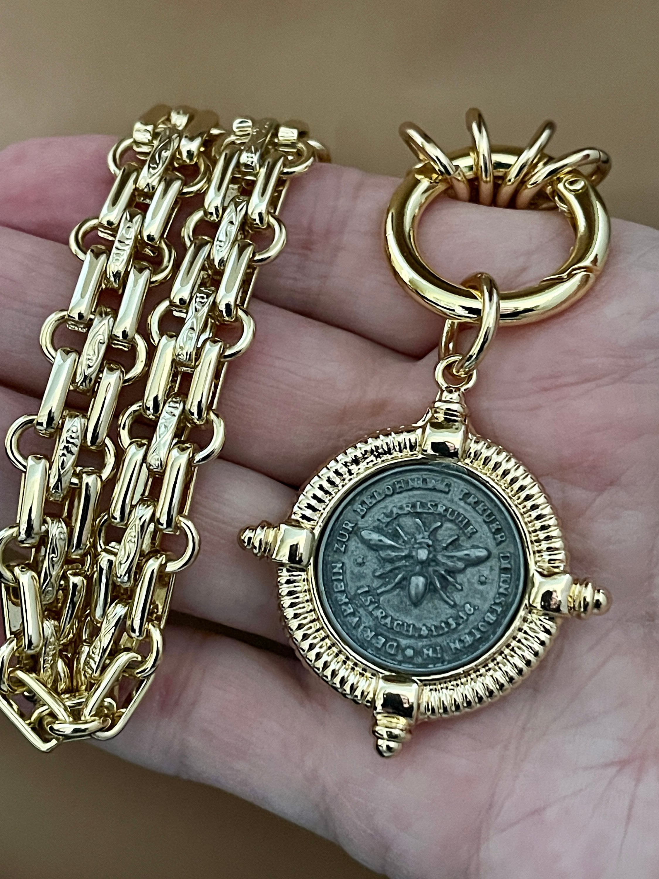 Gold Chunky Chain Necklace, French Bee Coin Pendant, Art Deco Style