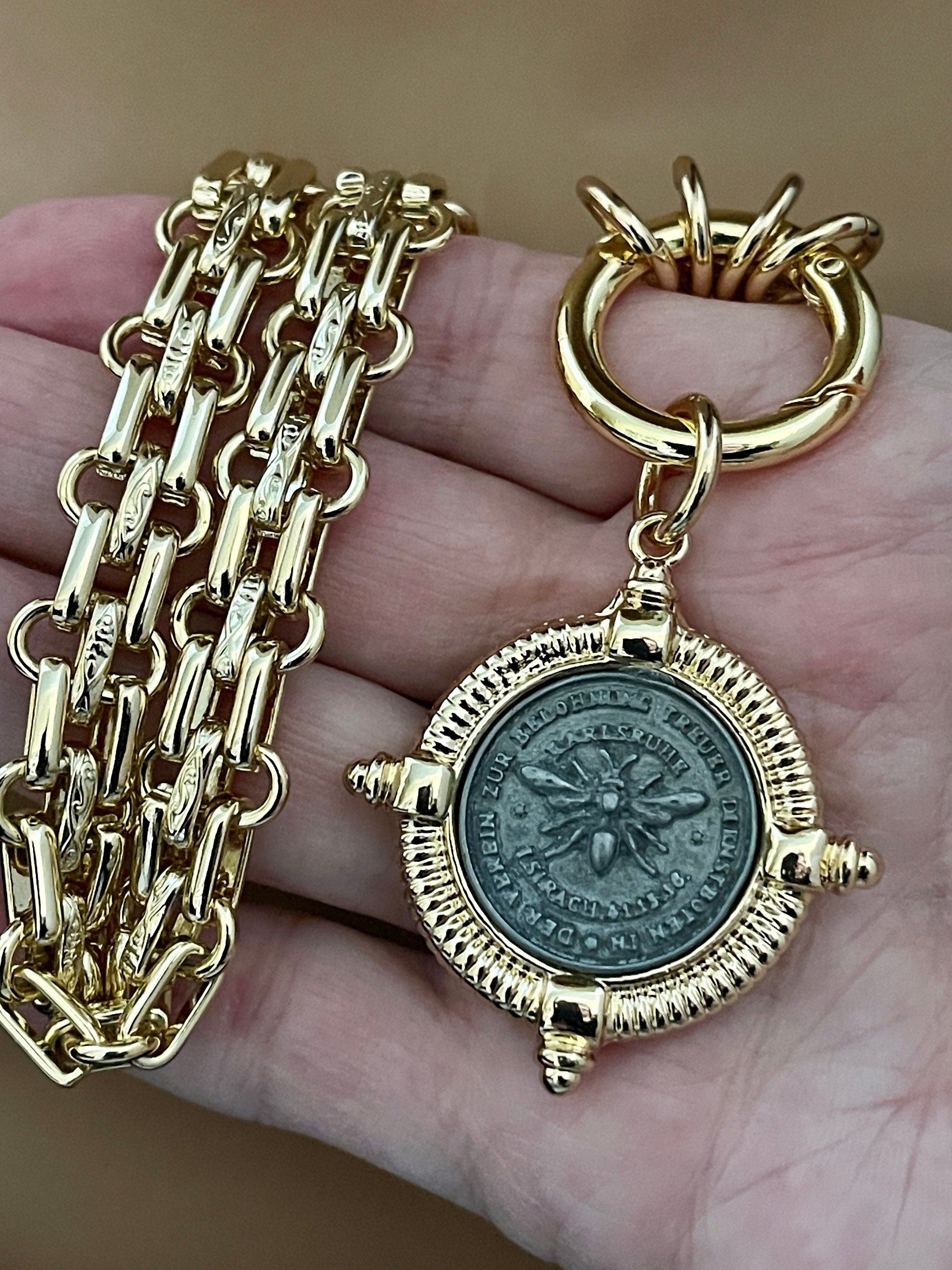 Gold Chunky Chain Necklace, French Bee Coin Pendant, Art Deco Style