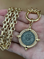 Gold Chunky Chain Necklace, French Bee Coin Pendant, Art Deco Style