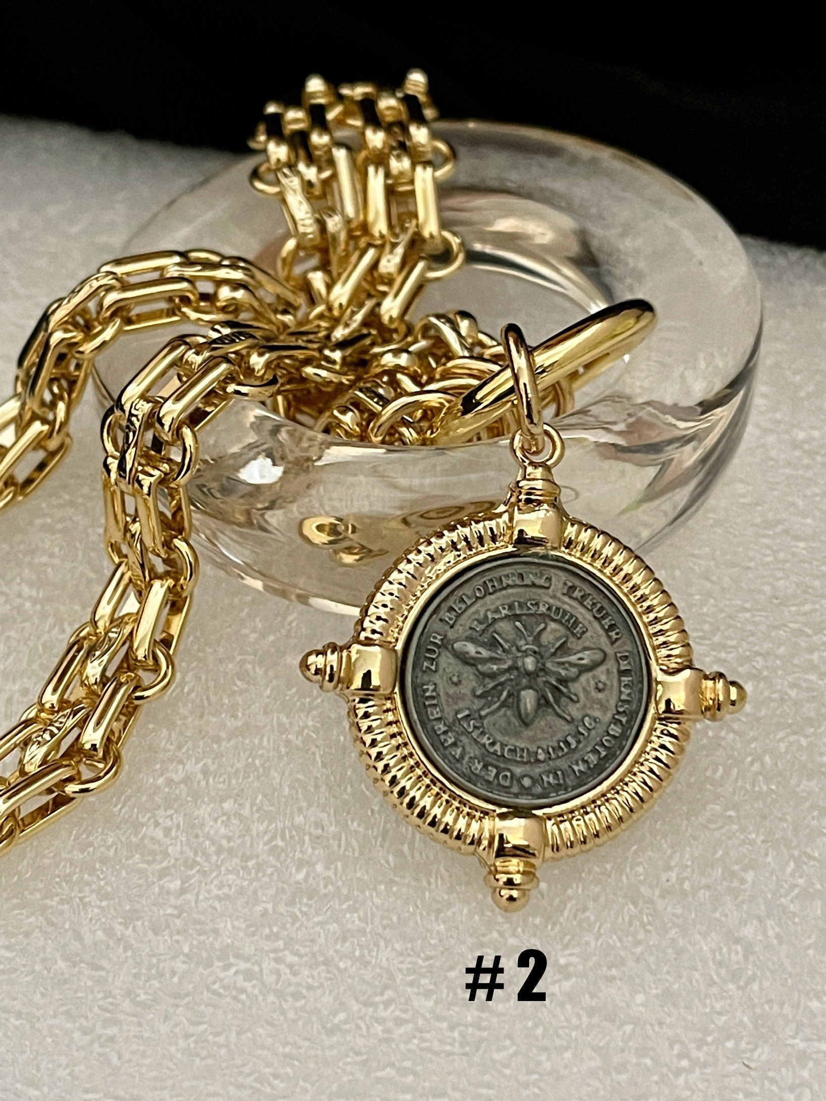 Gold Chunky Chain Necklace, French Bee Coin Pendant, Art Deco Style