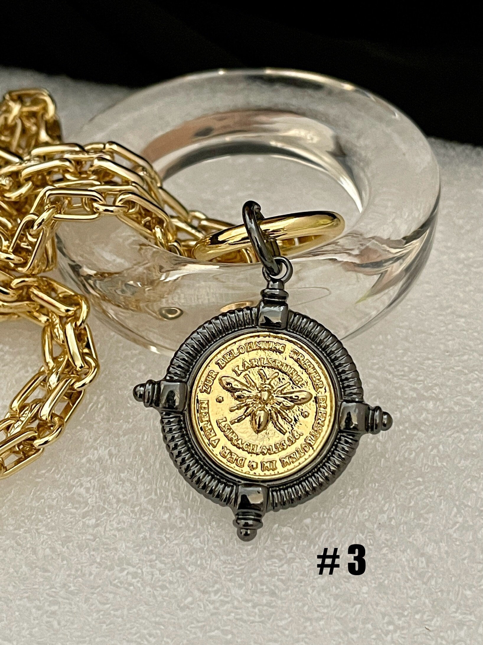 Gold Chunky Chain Necklace, French Bee Coin Pendant, Art Deco Style