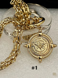 Gold Chunky Chain Necklace, French Bee Coin Pendant, Art Deco Style