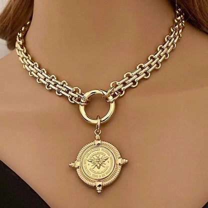 Gold Chunky Multilink Chain Necklace-French Bee Replica Coin, Coin with Bezel, Art Deco Coin- Gold Textured Chain Necklace-Spring Clasp