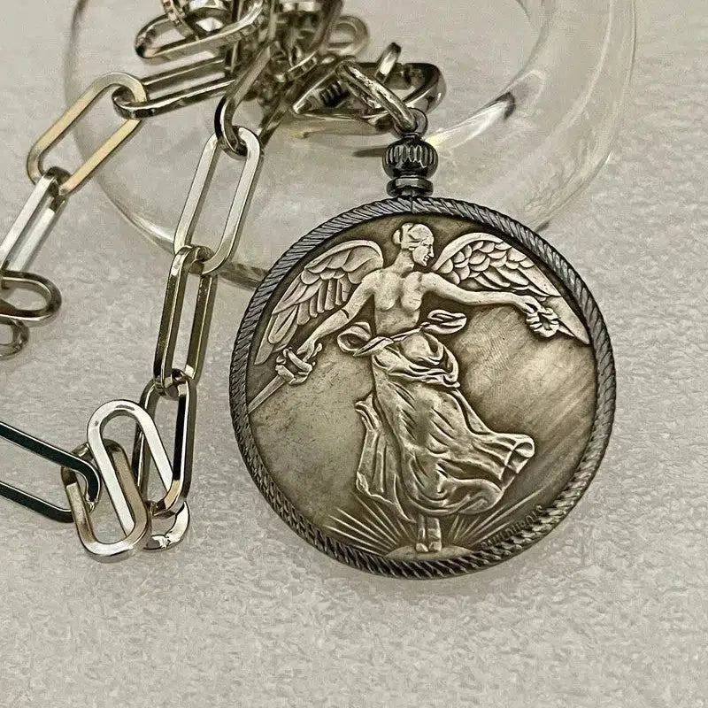 Silver Coin Pendant-Paperclip Chain Necklace-Burnished Silver Reproduction Coin-French Medal-Art Deco-Angel-Gunmetal Bezel-Spring Lock Clasp