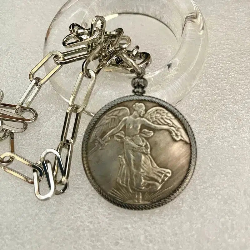 Silver Coin Pendant-Paperclip Chain Necklace-Burnished Silver Reproduction Coin-French Medal-Art Deco-Angel-Gunmetal Bezel-Spring Lock Clasp