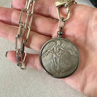 Silver Coin Pendant-Paperclip Chain Necklace-Burnished Silver Reproduction Coin-French Medal-Art Deco-Angel-Gunmetal Bezel-Spring Lock Clasp