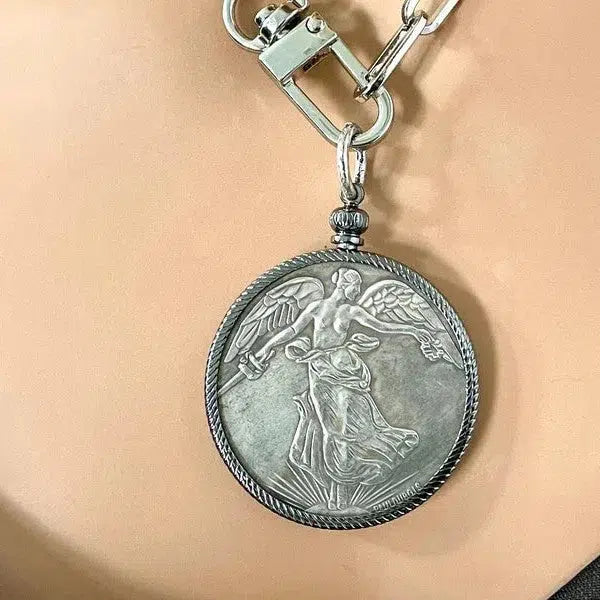 Silver Coin Pendant-Paperclip Chain Necklace-Burnished Silver Reproduction Coin-French Medal-Art Deco-Angel-Gunmetal Bezel-Spring Lock Clasp