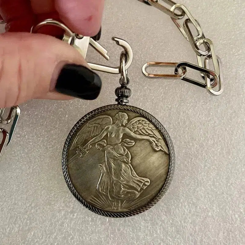 Silver Coin Pendant-Paperclip Chain Necklace-Burnished Silver Reproduction Coin-French Medal-Art Deco-Angel-Gunmetal Bezel-Spring Lock Clasp