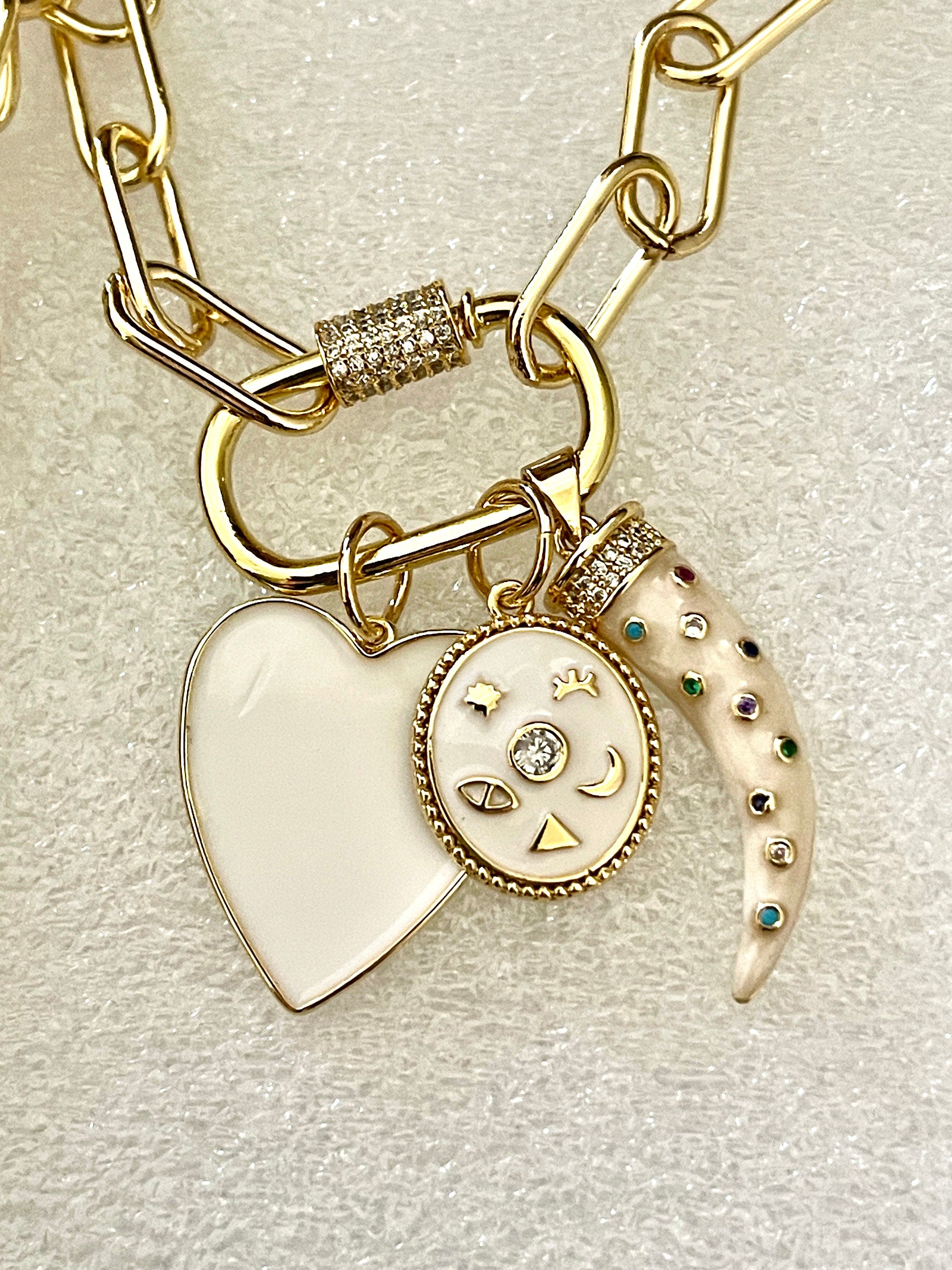 Gold Plated Charm Necklace – White Enamel Heart & Tusk, CZ Carabiner Clasp
