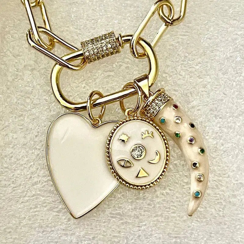 Gold Chain Necklace-Charm Necklace- Carabiner Screw Clasp-3 Cubic Zirconia Charms- White Enamel Heart Charm-Tusk Charm-Gift For Her