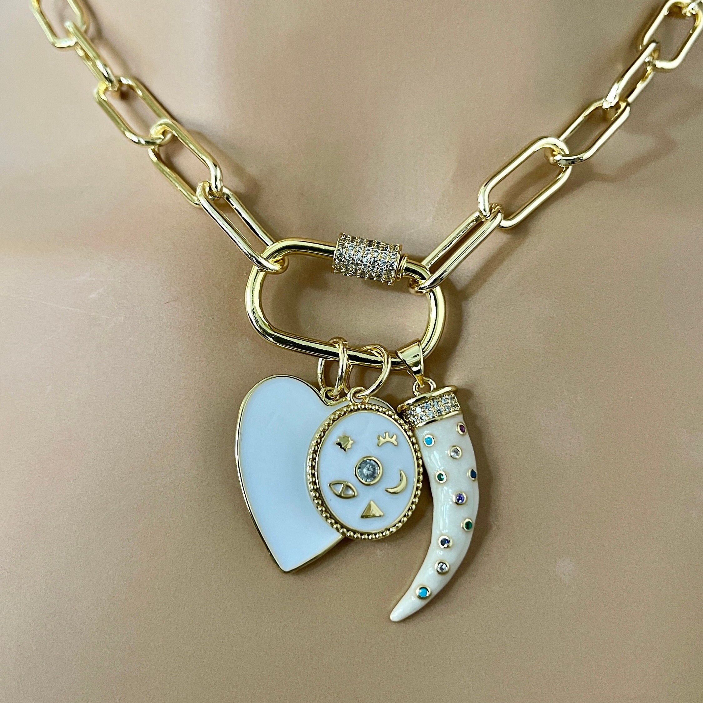 Gold Plated Charm Necklace – White Enamel Heart & Tusk, CZ Carabiner Clasp