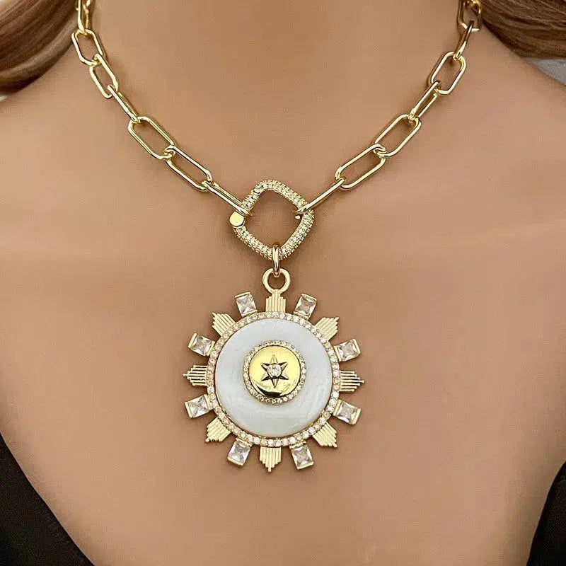 Gold Mother Of Pearl Pendant-Paperclip Chain Necklace-CZ Stones Bezel-Fleur De Lis-Coat Of Arms-Micro Pave Spring Lock Clasp