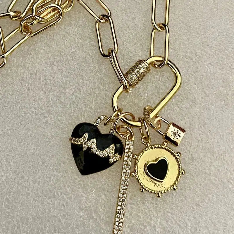 Gold Chain Necklace-Charm Necklace-CZ Carabiner Screw Clasp-4 Cubic Zirconia Charms-Black Enamel Beating Heart Charm-Padlock Charm-CZ Bar