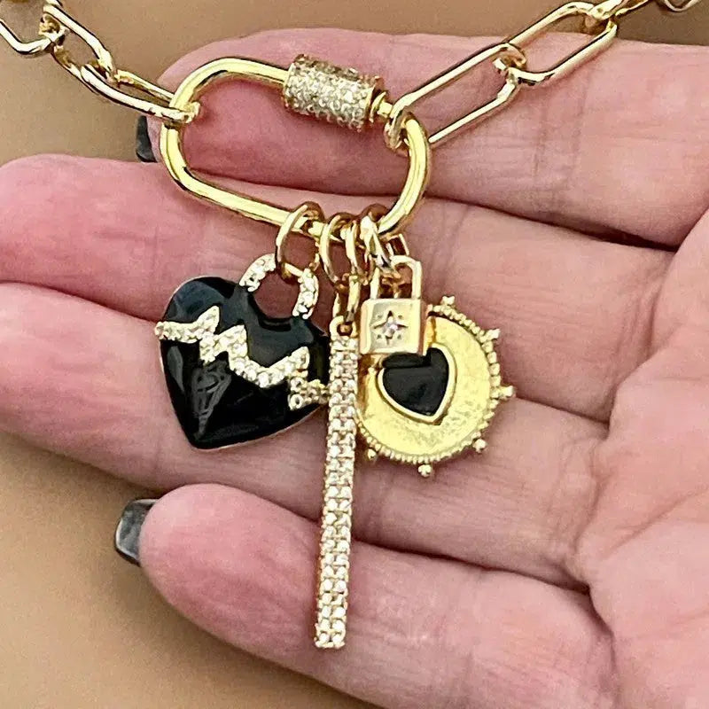 Gold Paperclip Chain Necklace: CZ Carabiner Clasp, Enamel Heart