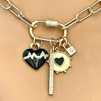 Gold Chain Necklace-Charm Necklace-CZ Carabiner Screw Clasp-4 Cubic Zirconia Charms-Black Enamel Beating Heart Charm-Padlock Charm-CZ Bar