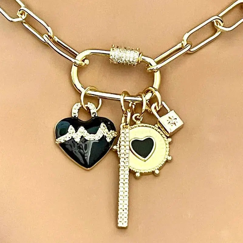 Gold Chain Necklace-Charm Necklace-CZ Carabiner Screw Clasp-4 Cubic Zirconia Charms-Black Enamel Beating Heart Charm-Padlock Charm-CZ Bar