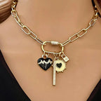 Gold Chain Necklace-Charm Necklace-CZ Carabiner Screw Clasp-4 Cubic Zirconia Charms-Black Enamel Beating Heart Charm-Padlock Charm-CZ Bar