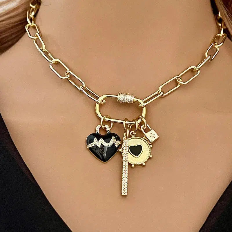 Gold Chain Necklace-Charm Necklace-CZ Carabiner Screw Clasp-4 Cubic Zirconia Charms-Black Enamel Beating Heart Charm-Padlock Charm-CZ Bar