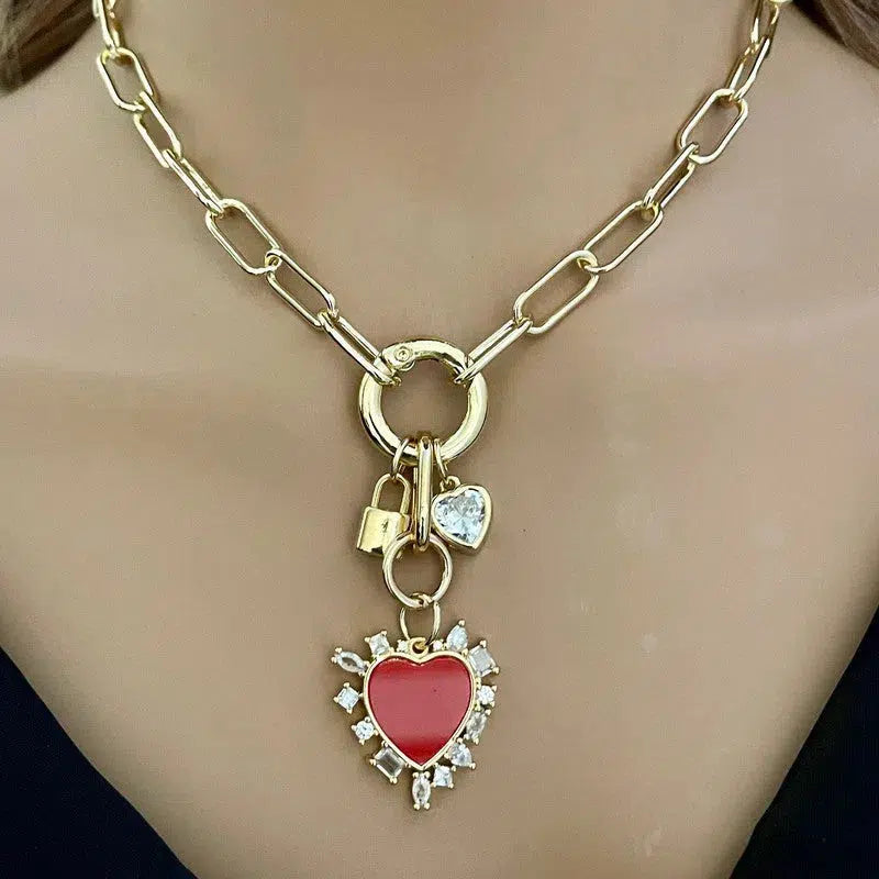 Jaggered Red heart and CZ charm-Heart shaped CZ stone charm-Gold padlock- Open link paperclip chain necklace