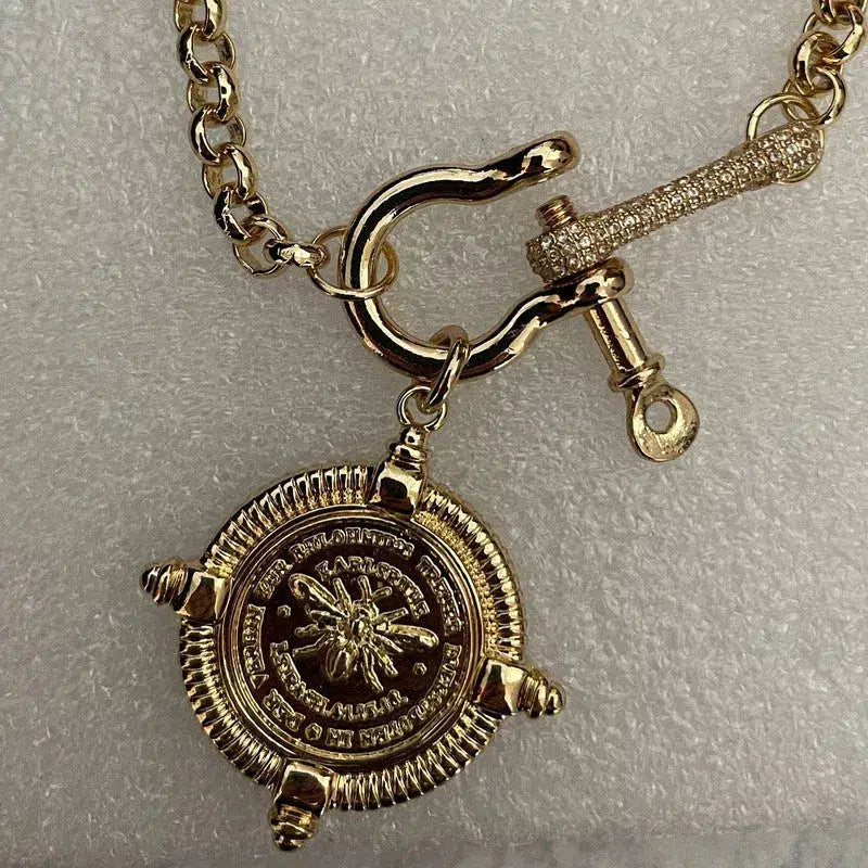 Gold Bee Pendant-Rolo Chain- CZ Shackle-CZ Connector Feature-French Bee Pendant-Coin Medallion-Equestrian Jewelry