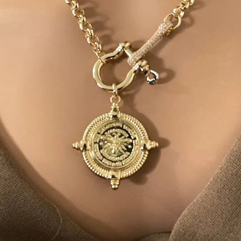 Gold Bee Pendant-Rolo Chain- CZ Shackle-CZ Connector Feature-French Bee Pendant-Coin Medallion-Equestrian Jewelry