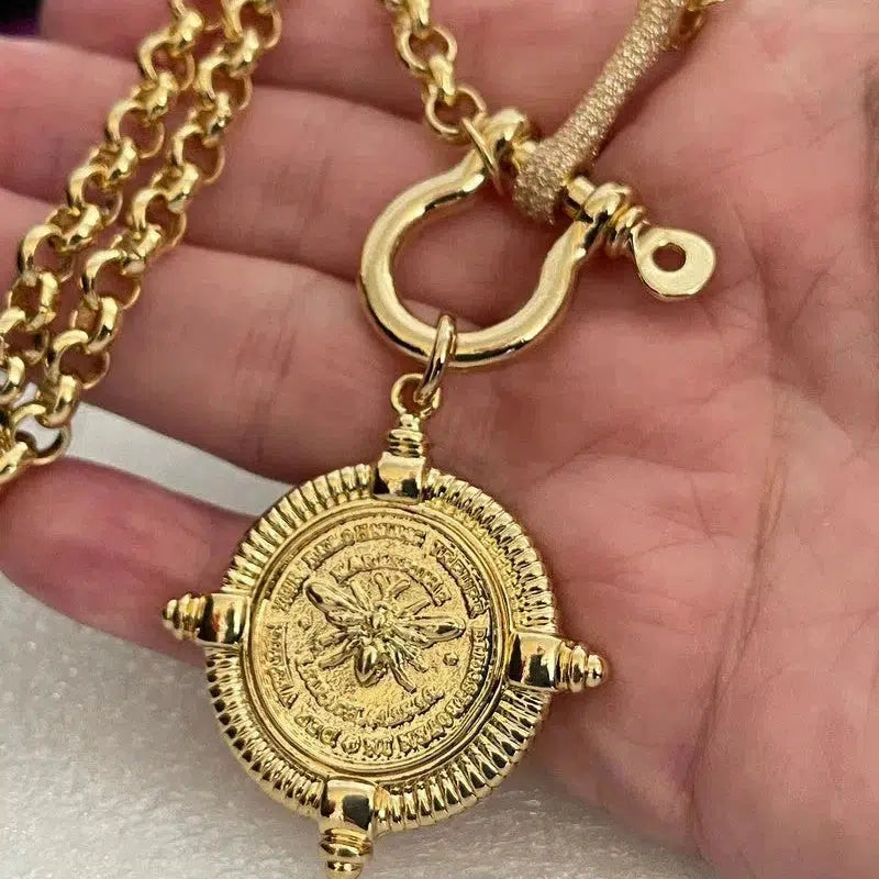 Gold Bee Pendant-Rolo Chain- CZ Shackle-CZ Connector Feature-French Bee Pendant-Coin Medallion-Equestrian Jewelry