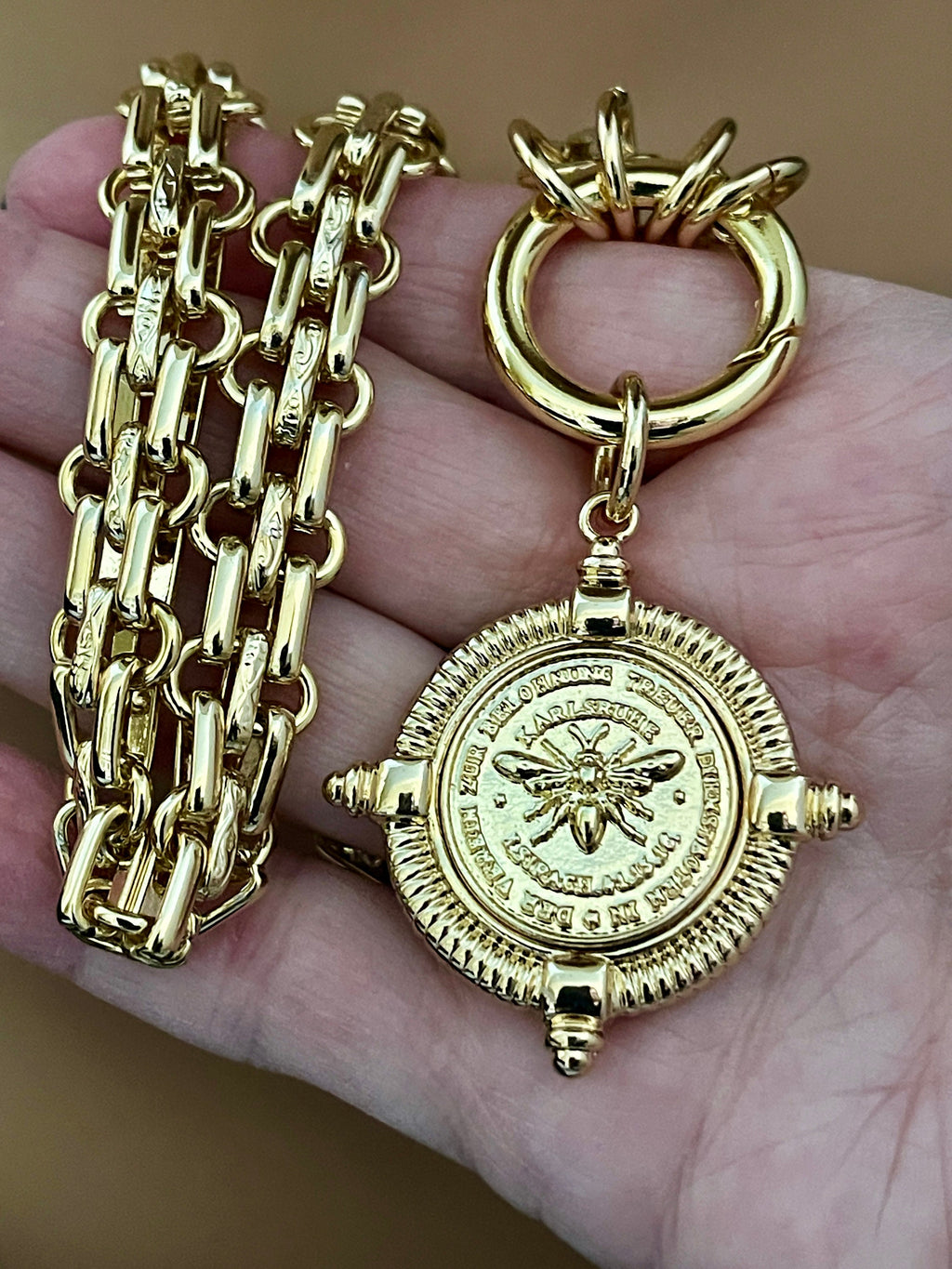 Gold Chunky Chain Necklace, French Bee Coin Pendant, Art Deco Style