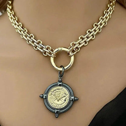 Gold Chunky Multilink Chain Necklace-French Bee Replica Coin, Coin with Bezel, Art Deco Coin- Gold Textured Chain Necklace-Spring Clasp