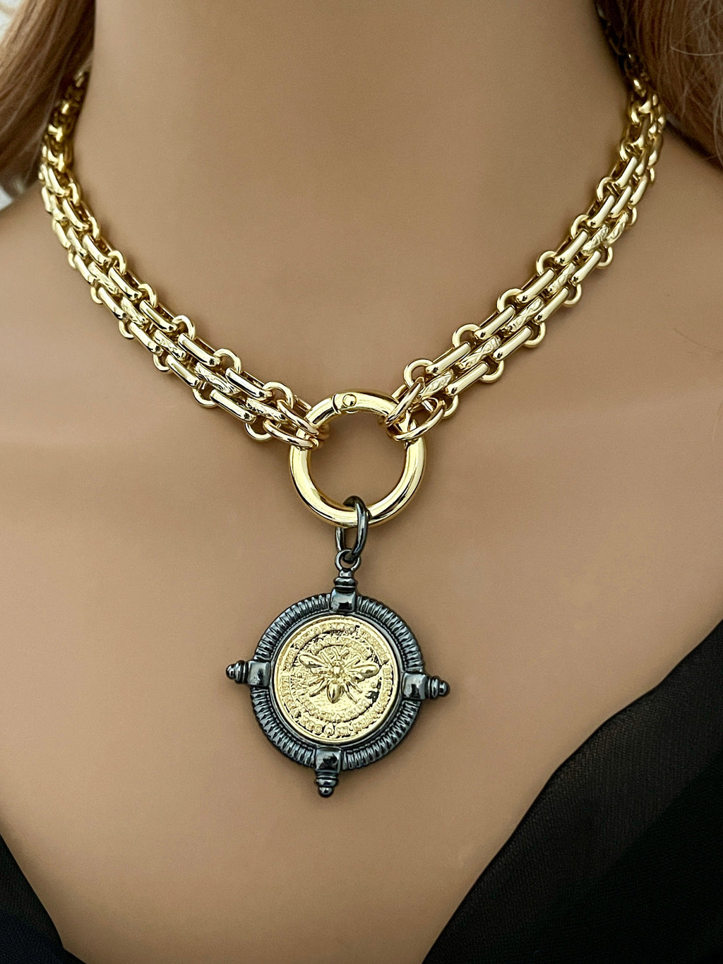 Gold Chunky Chain Necklace, French Bee Coin Pendant, Art Deco Style