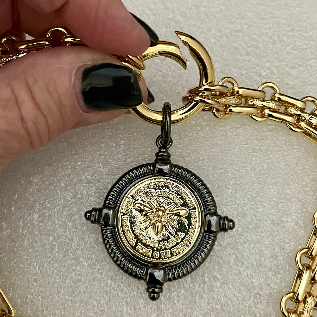 Gold Chunky Chain Necklace, French Bee Coin Pendant, Art Deco Style