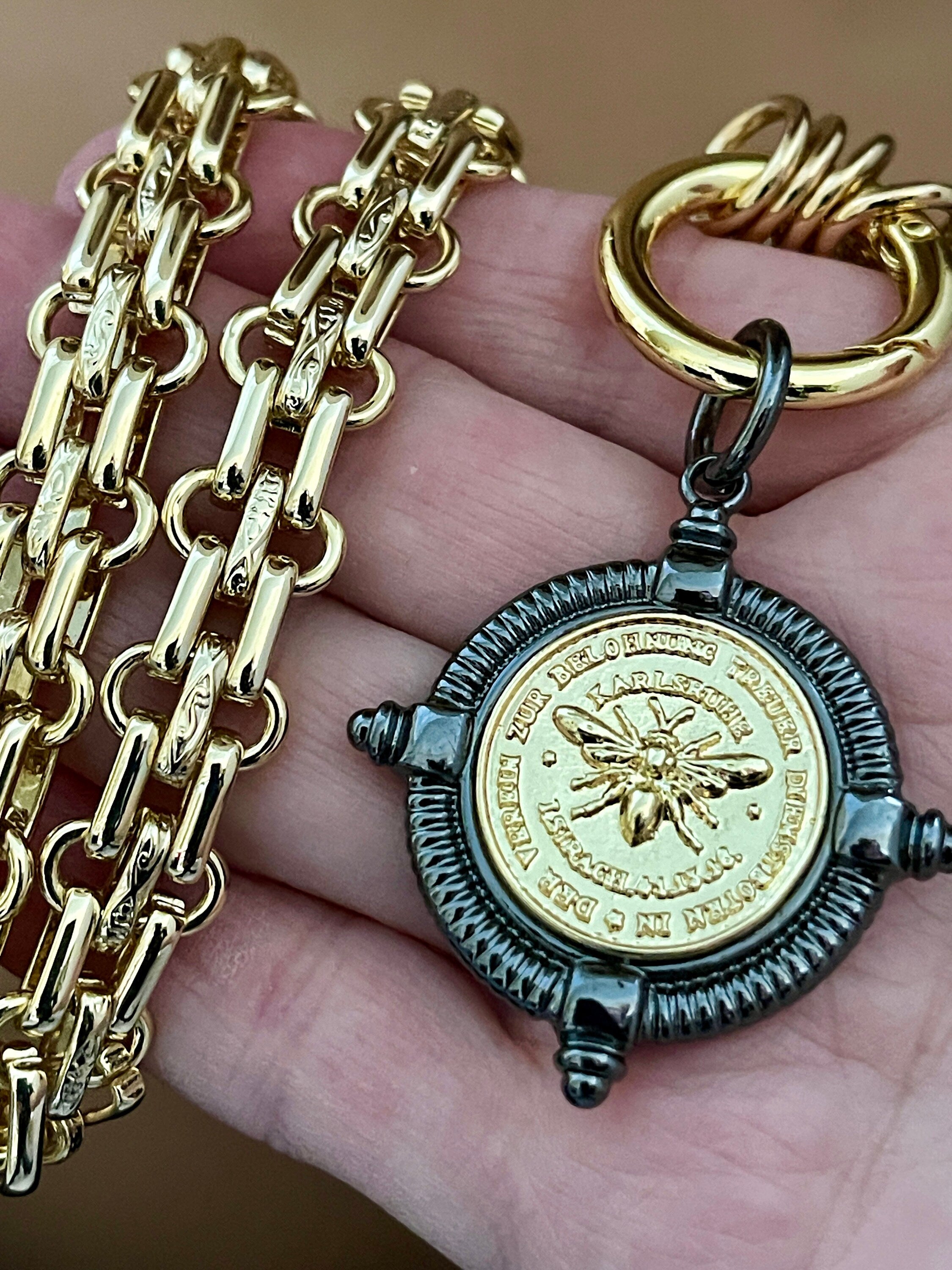 Gold Chunky Chain Necklace, French Bee Coin Pendant, Art Deco Style