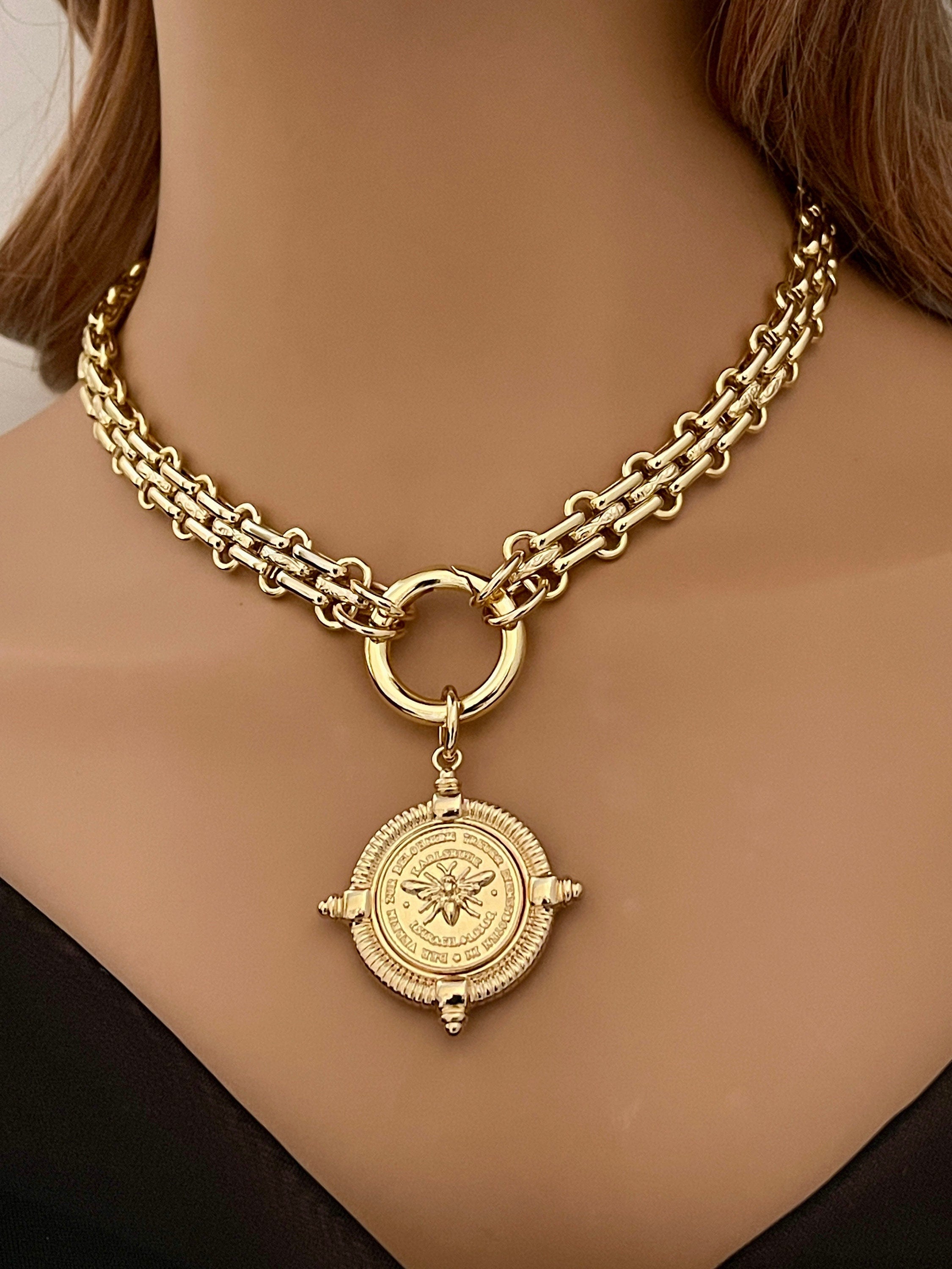 Gold Chunky Chain Necklace, French Bee Coin Pendant, Art Deco Style