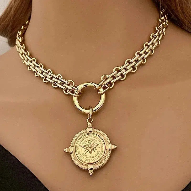 Gold Chunky Multilink Chain Necklace-French Bee Replica Coin, Coin with Bezel, Art Deco Coin- Gold Textured Chain Necklace-Spring Clasp