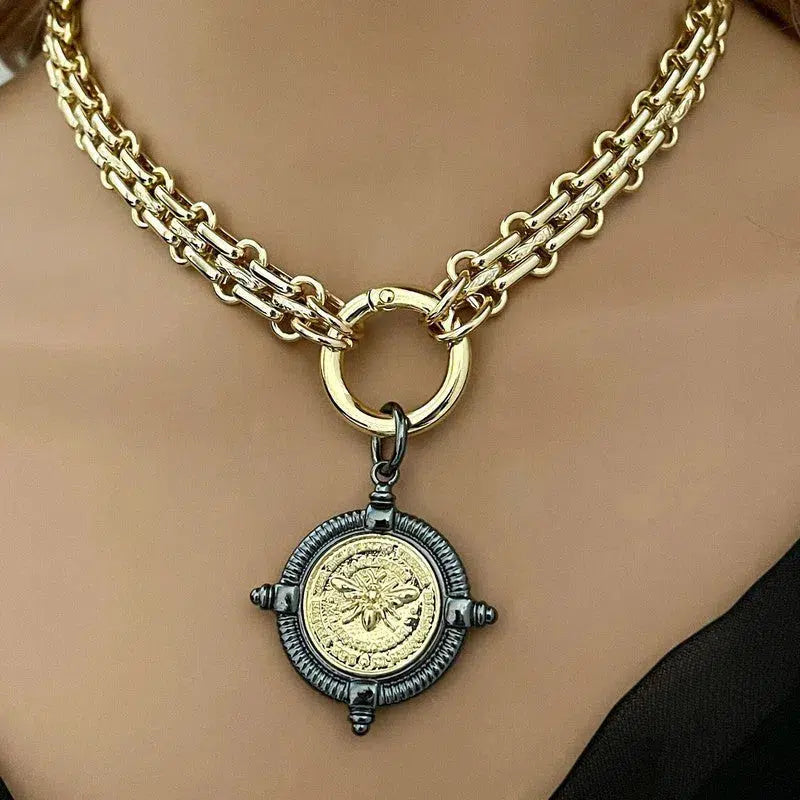 Gold Chunky Multilink Chain Necklace-French Bee Replica Coin, Coin with Bezel, Art Deco Coin- Gold Textured Chain Necklace-Spring Clasp