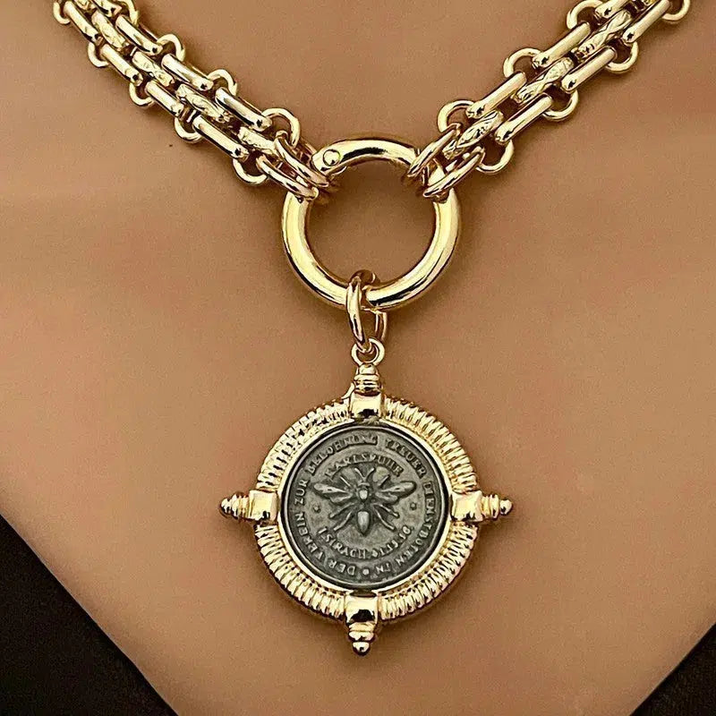 Gold Chunky Multilink Chain Necklace-French Bee Replica Coin, Coin with Bezel, Art Deco Coin- Gold Textured Chain Necklace-Spring Clasp