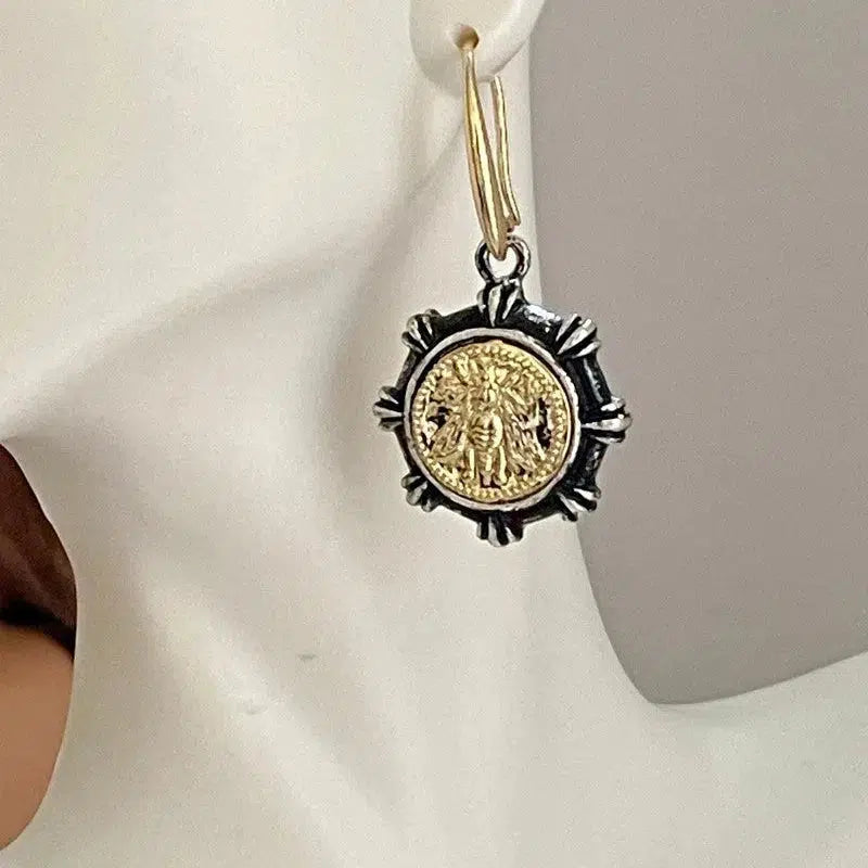 French Bee Coin Earrings-Reproduction Coin-Dangle Hook Earrings-Stud Earrings-Mixed Metal Jewelry-Gift For Her