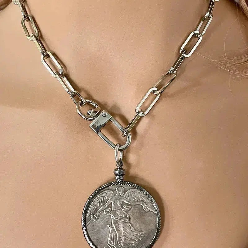 Silver Coin Pendant-Paperclip Chain Necklace-Burnished Silver Reproduction Coin-French Medal-Art Deco-Angel-Gunmetal Bezel-Spring Lock Clasp