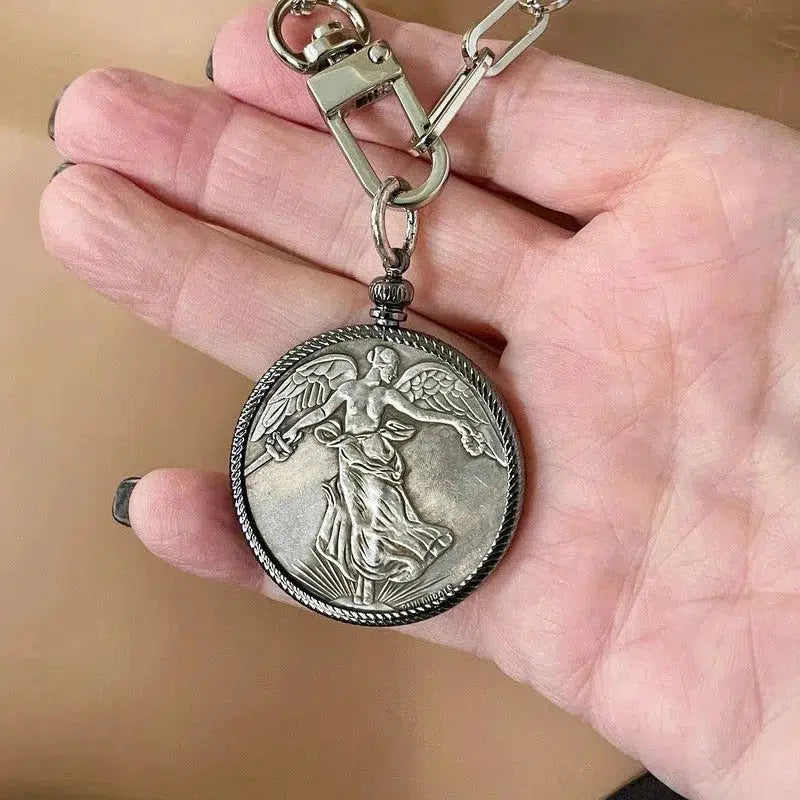 Silver Coin Pendant-Paperclip Chain Necklace-Burnished Silver Reproduction Coin-French Medal-Art Deco-Angel-Gunmetal Bezel-Spring Lock Clasp