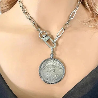 Silver Coin Pendant-Paperclip Chain Necklace-Burnished Silver Reproduction Coin-French Medal-Art Deco-Angel-Gunmetal Bezel-Spring Lock Clasp