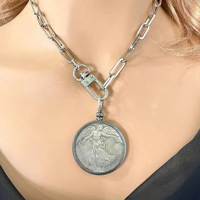 Silver Coin Pendant-Paperclip Chain Necklace-Burnished Silver Reproduction Coin-French Medal-Art Deco-Angel-Gunmetal Bezel-Spring Lock Clasp