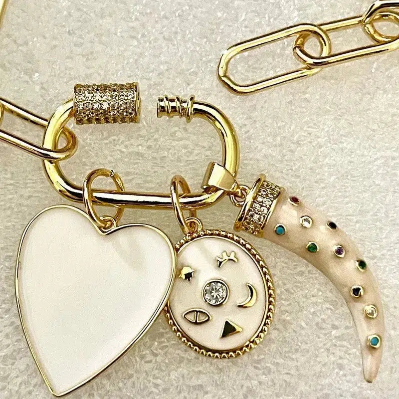 Gold Chain Necklace-Charm Necklace- Carabiner Screw Clasp-3 Cubic Zirconia Charms- White Enamel Heart Charm-Tusk Charm-Gift For Her